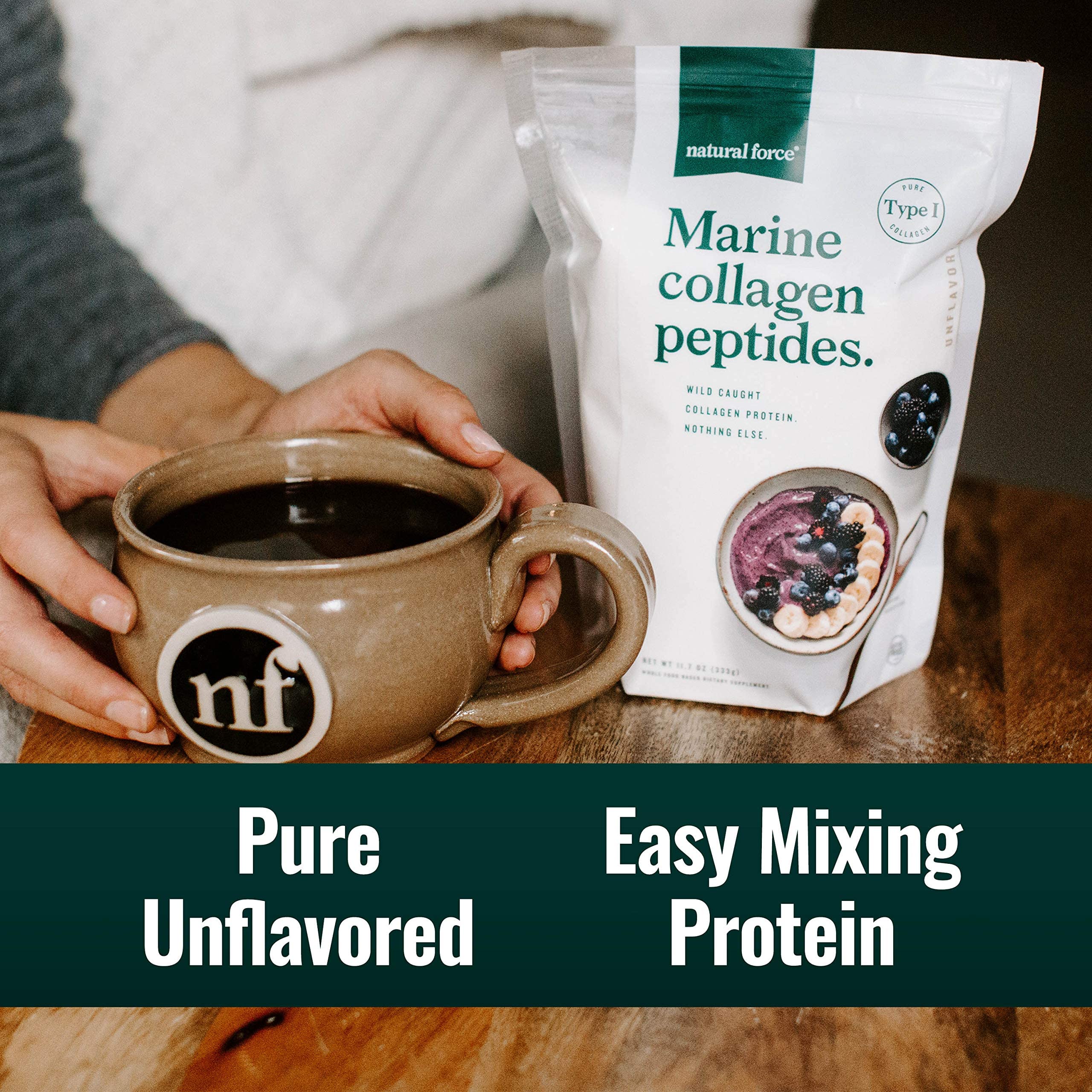 Natural Force Marine Collagen powder on kitchen counter inviting daily self-care routines.