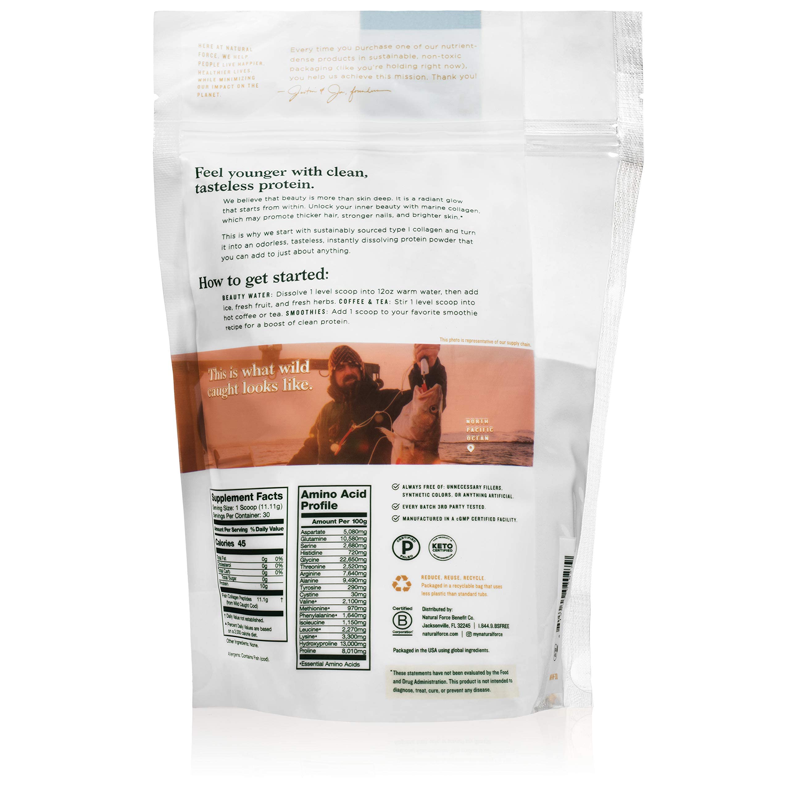 Natural Force Marine Collagen powder scoop ready for daily use as a low-cal protein boost.
