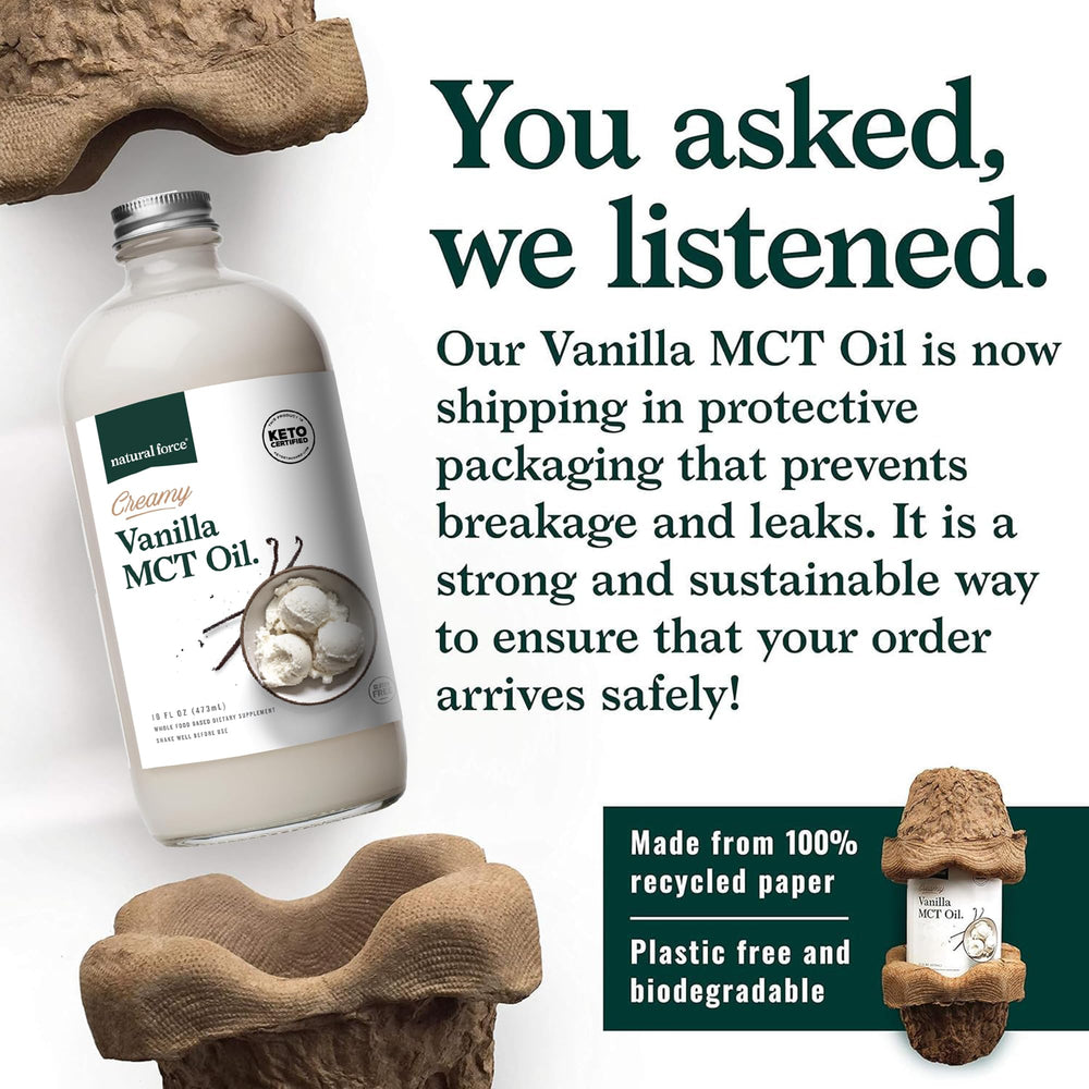 Natural Force Creamy Vanilla MCT Oil pours into coffee for instant creaminess.