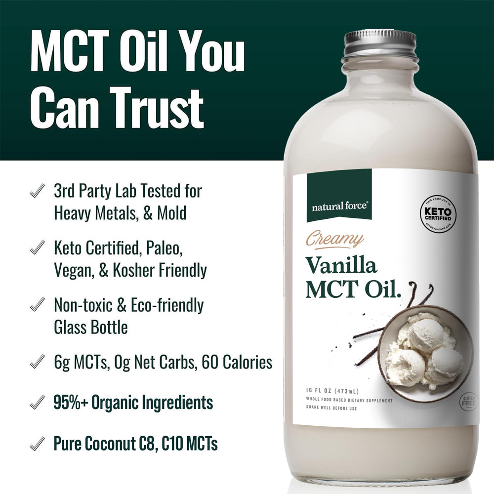 Natural Force Creamy Vanilla MCT Oil added to tea for dairy-free richness.