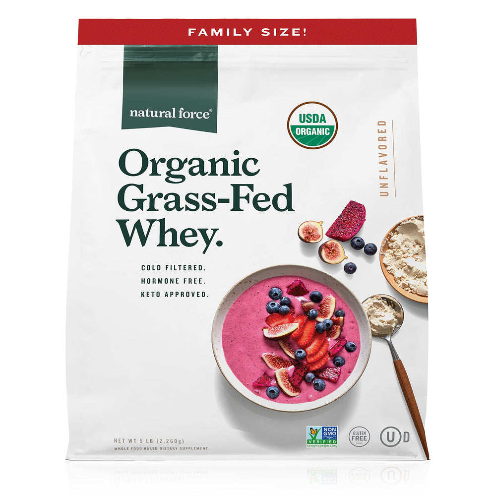 Natural Force grass-fed whey bottle showing premium quality from grass-fed cows for clean protein