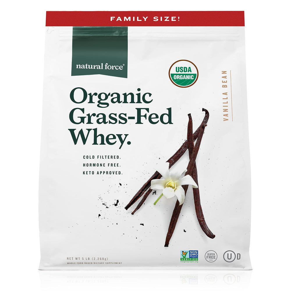 Natural Force grass-fed whey powder tub highlighting organic certification