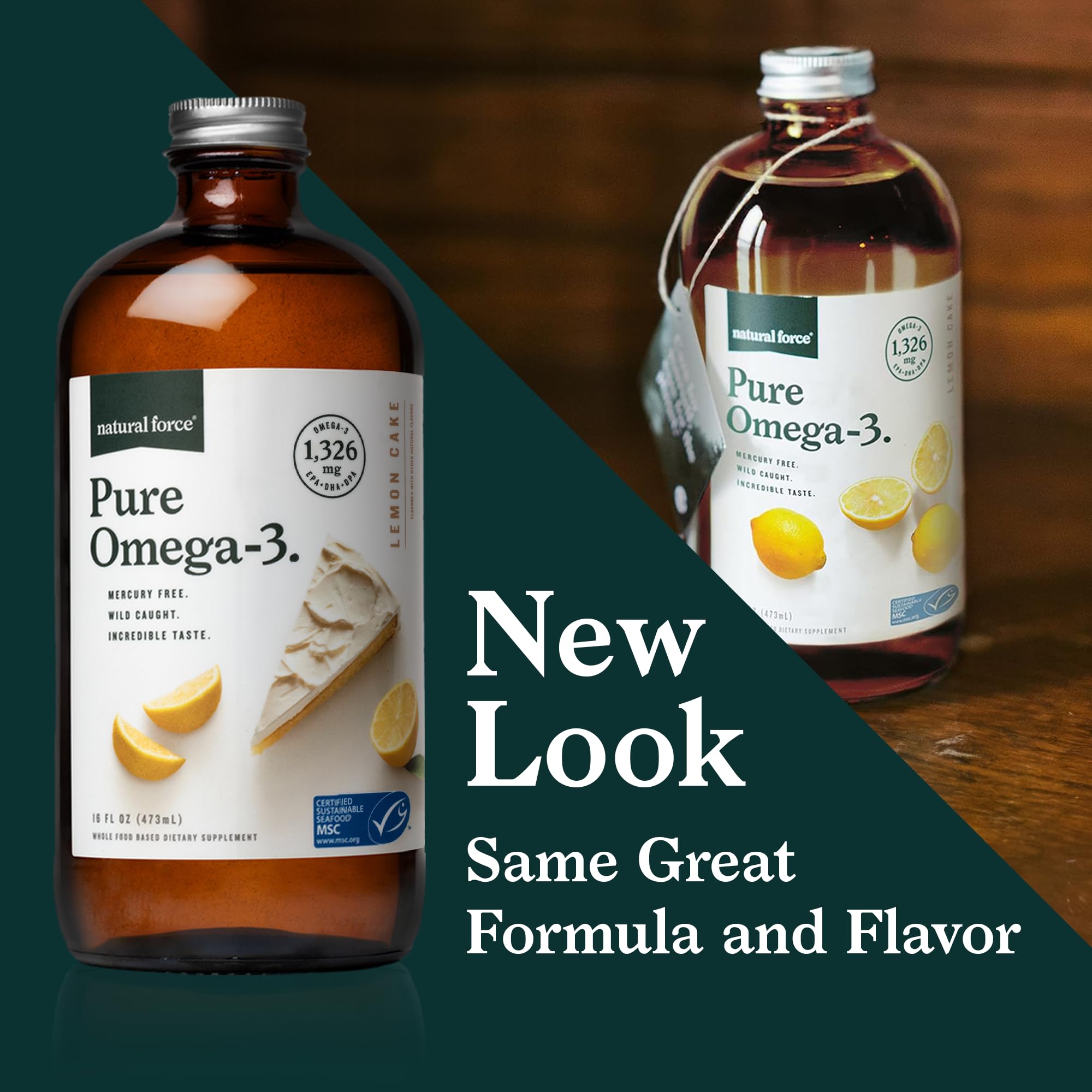 Natural Force Pure Omega-3 label shows MSC sustainability and certifications.