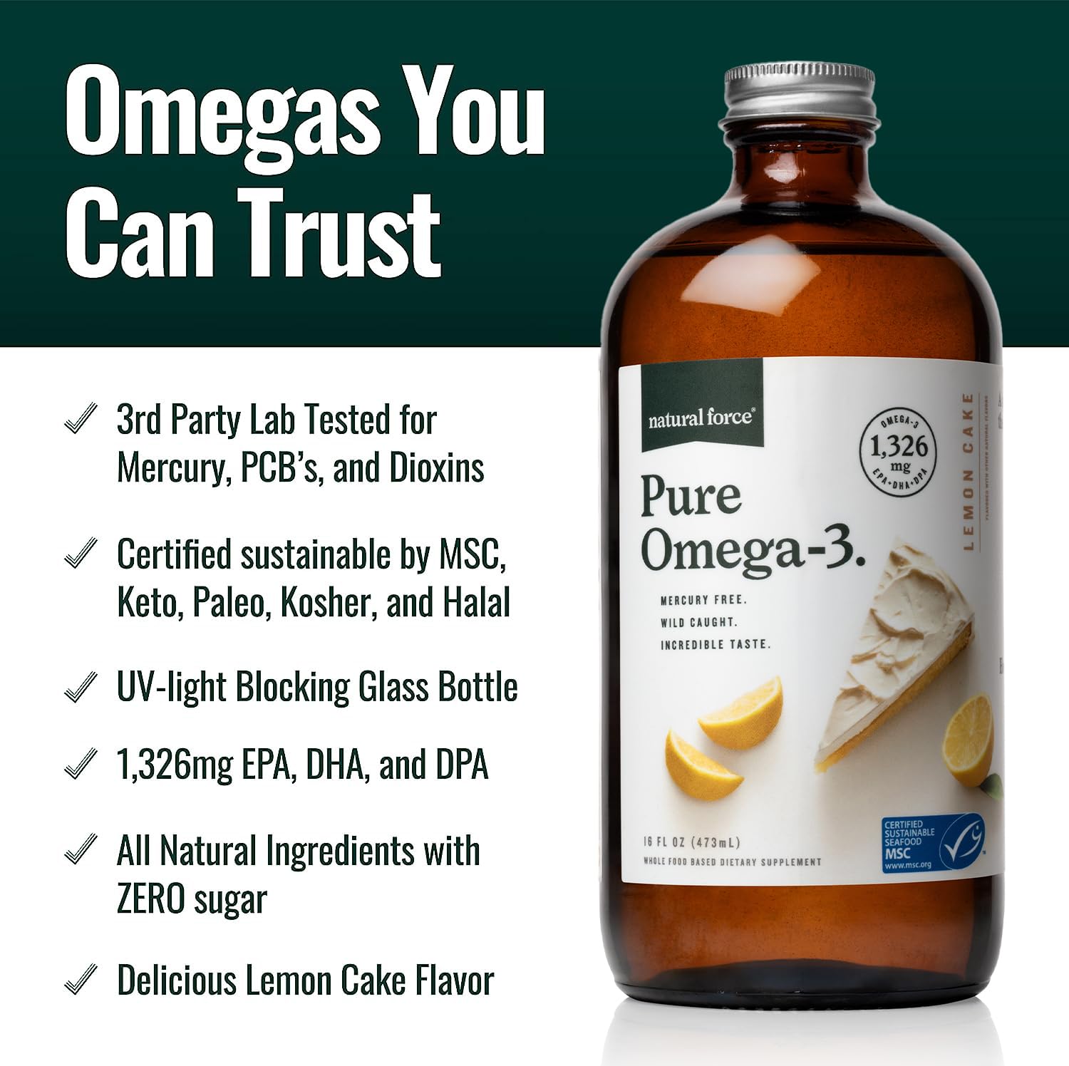 Natural Force Pure Omega-3 lemon pour ideal for smoothies and quick dosing.