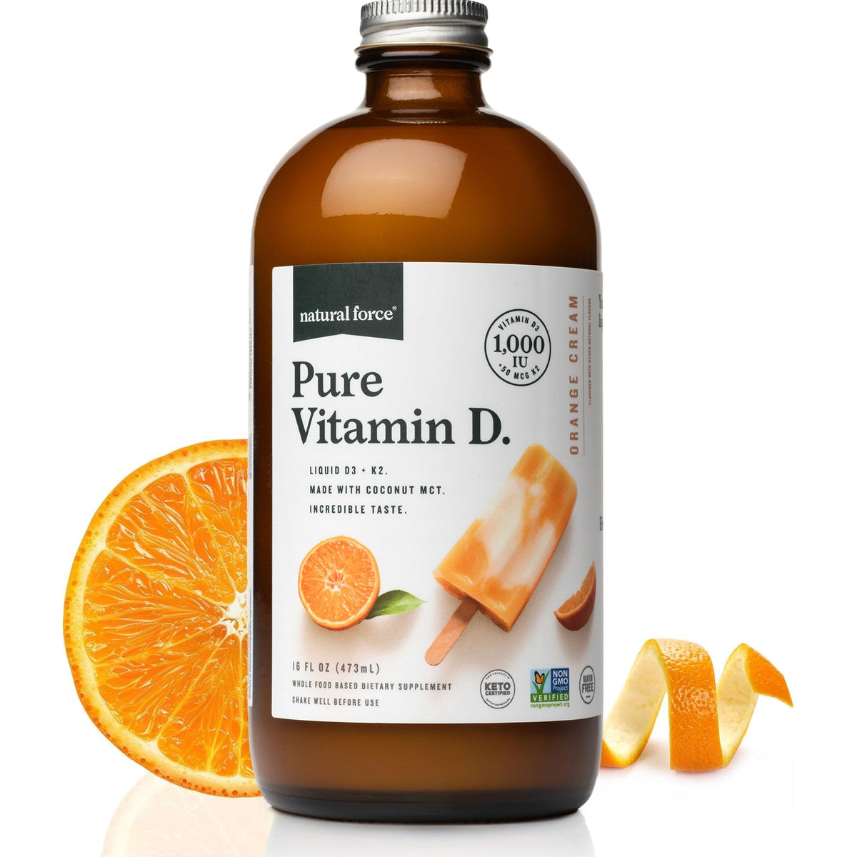 Natural Force Pure Vitamin D3 + K2 orange-cream bottle showing convenient daily dosing