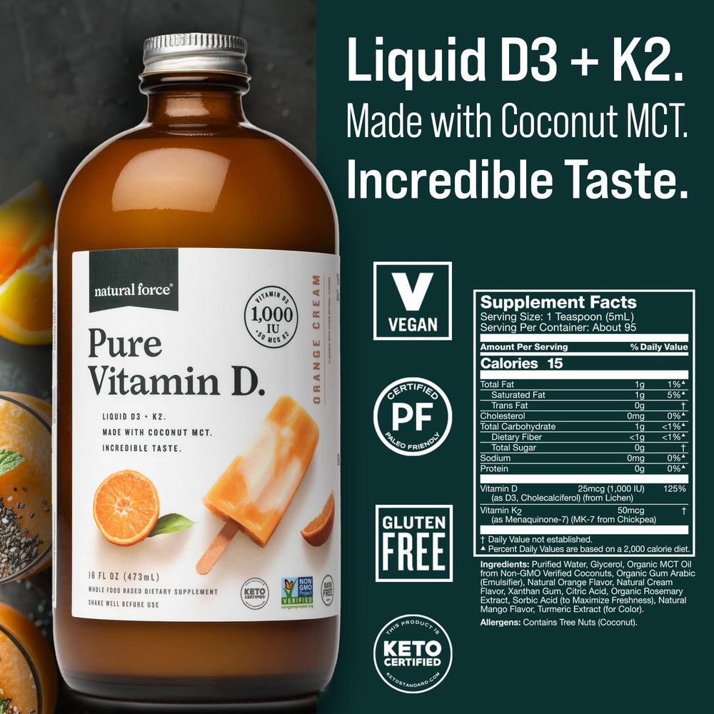Natural Force D3 + K2 orange-cream pour with coconut MCT base for smooth mixing
