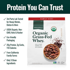 Natural Force whey protein powder chocolate 5 lbs nutrition label shows 20 g protein per serving.