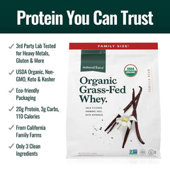Protein scoop showing 20 g protein per serving and low carb info