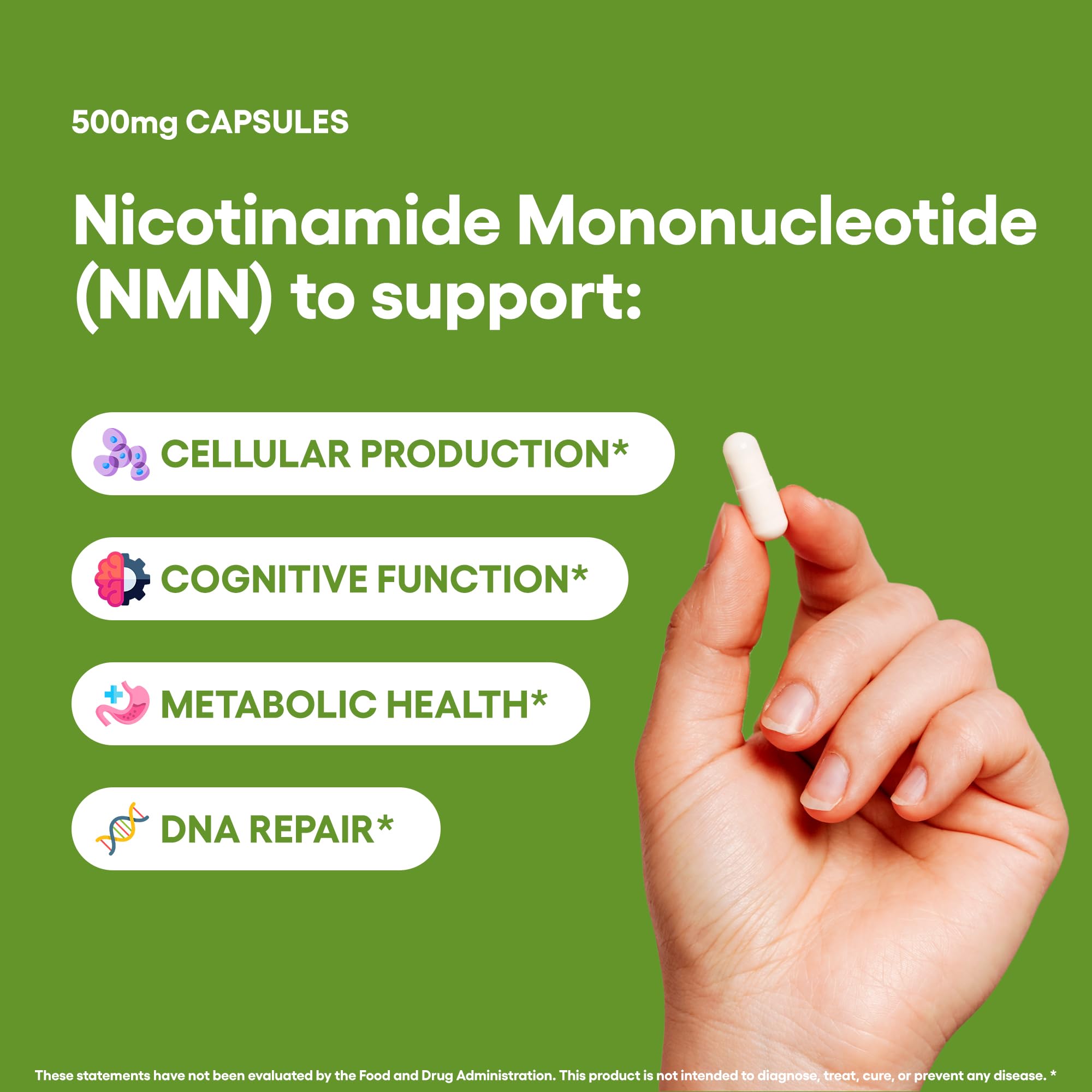 Natural Foundation NMN 500mg label close-up showing ingredients and quality mark.