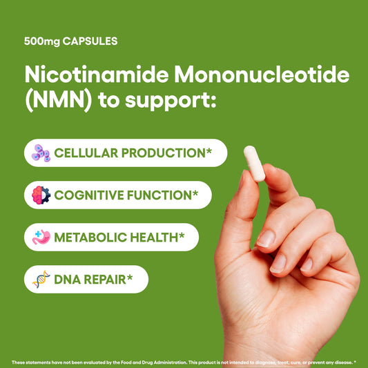 Natural Foundation NMN 500mg label close-up showing ingredients and quality mark.
