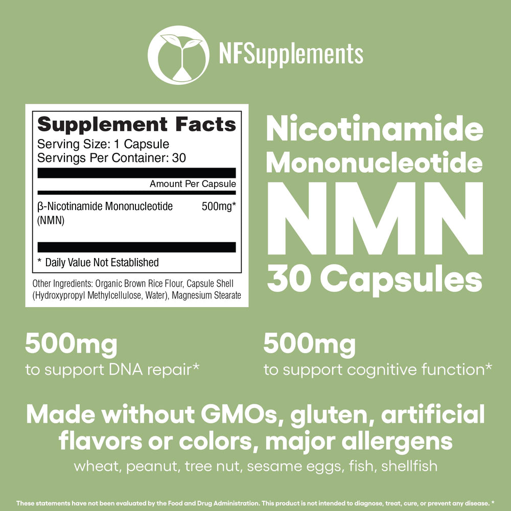 Natural Foundation NMN 500mg serving tray illustrates 30 servings per bottle.