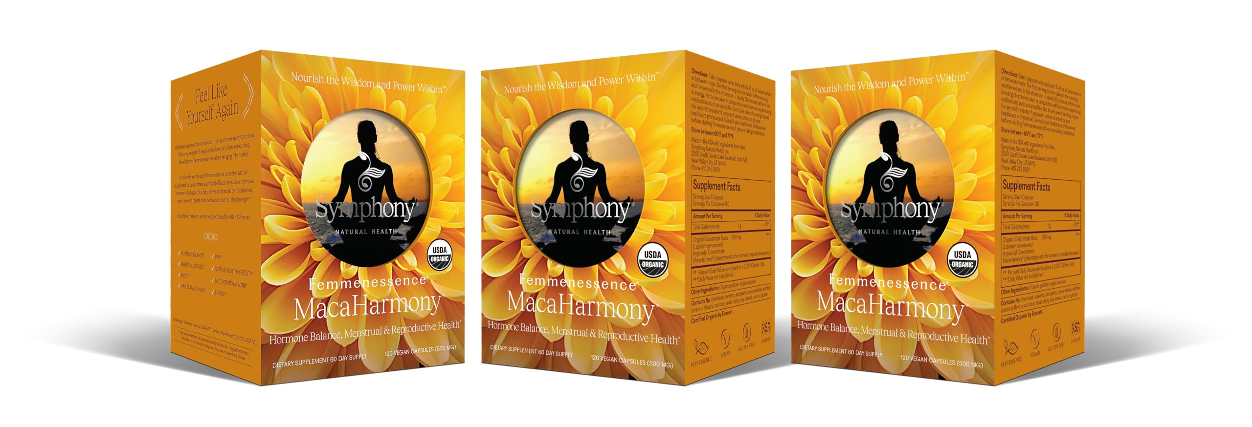 Femmenessence MacaHarmony bottle front supports daily hormonal balance naturally.