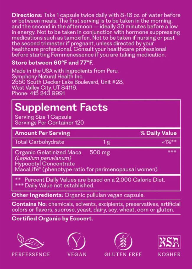Label on Femmenessence MacaLife bottle notes USDA Organic and vegan ingredients.