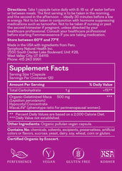 Label on Femmenessence MacaLife bottle notes USDA Organic and vegan ingredients.