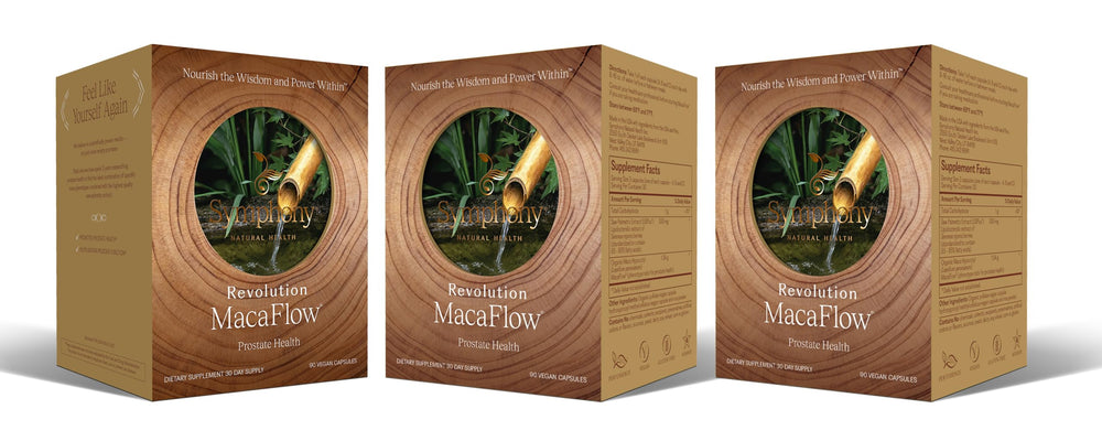 Natural Health International MacaFlow prostate bottle showing daily supplement for prostate support.