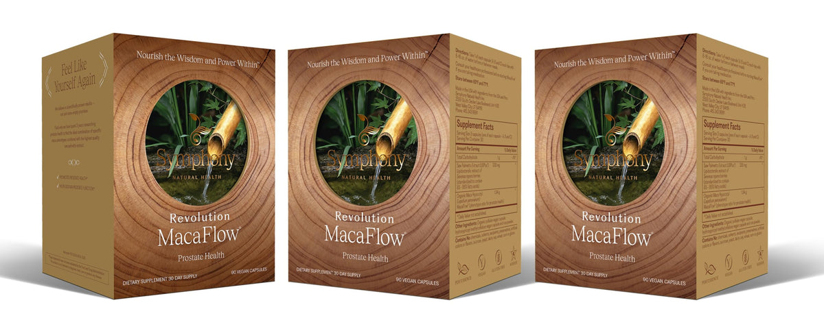 Natural Health International MacaFlow prostate bottle showing daily supplement for prostate support.