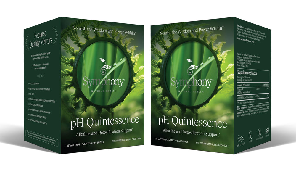 Natural Health International pH Quintessence bottle demonstrates convenient greens support for pH balance.