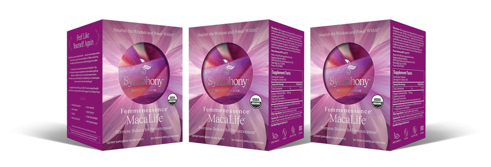 Natural Health International Femmenessence MacaLife bottle shows organic vegan perimenopause support