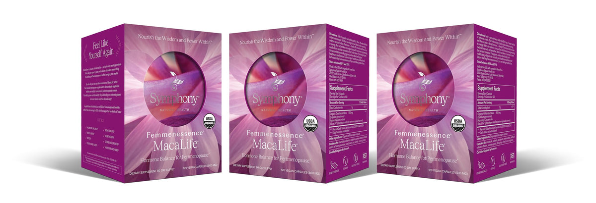 Natural Health International Femmenessence MacaLife bottle shows organic vegan perimenopause support