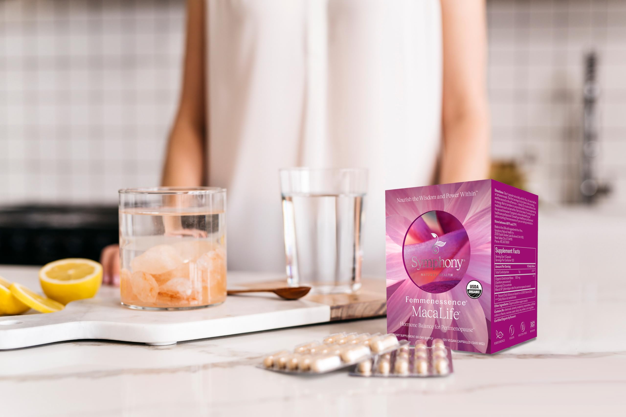 Natural Health International Femmenessence MacaLife product poured suggesting easy symptom management