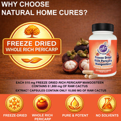 Natural Home Cures Mangosteen Pericarp Capsules bottle with glass showcases convenient dosing