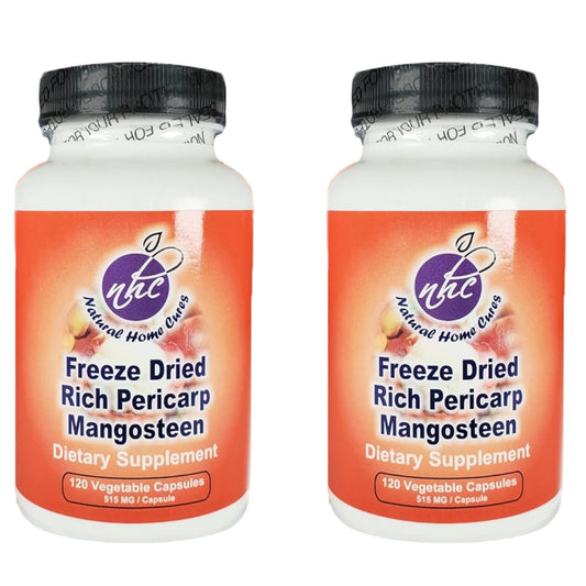 Natural Home Cures Mangosteen Pericarp Capsules bottle promotes daily wellness with xanthone-rich nutrients.