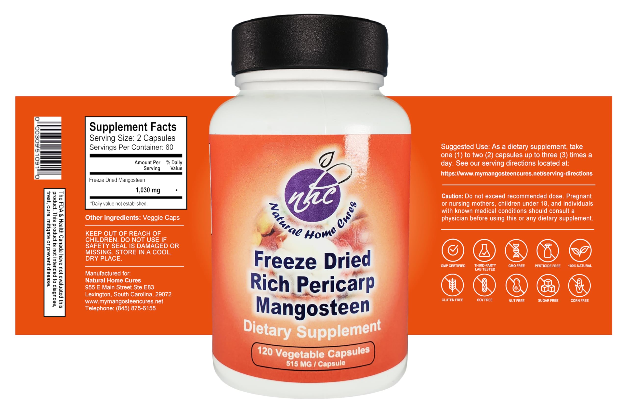 Natural Home Cures Mangosteen Pericarp Capsules spilled capsules show the easy-to-swallow veggie format