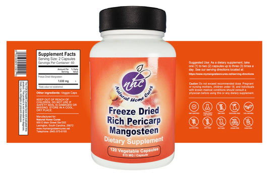 Natural Home Cures Mangosteen Pericarp Capsules closeup highlights capsule texture and quality.