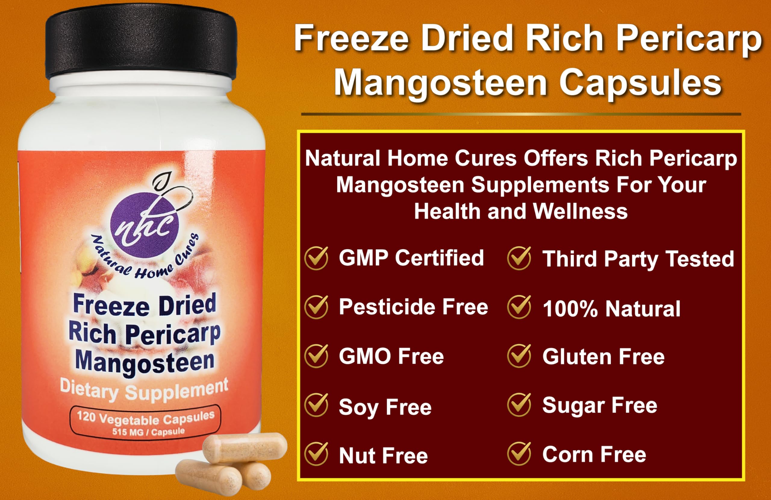 Natural Home Cures Mangosteen Pericarp Capsules graphic highlights 56+ xanthones and flavonoids