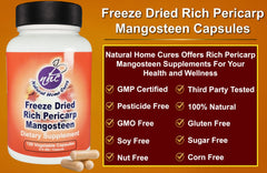 Natural Home Cures Mangosteen Pericarp Capsules packaging shows freeze-dried consistency.