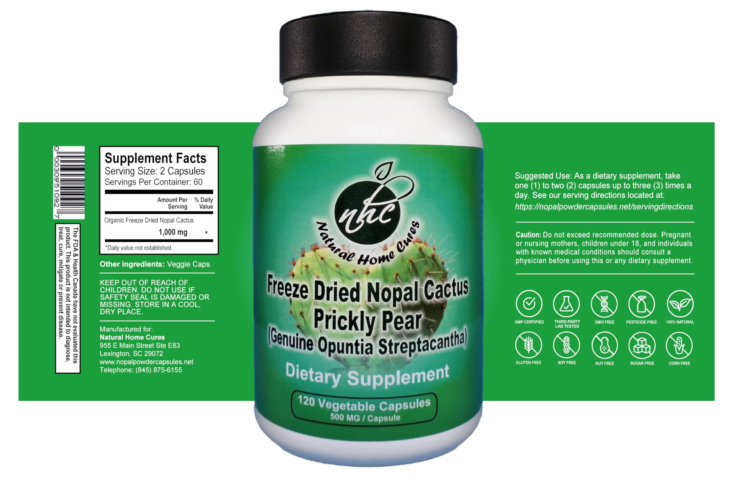 Natural Home Cures Nopal capsules bottle back with non-GMO assurance.