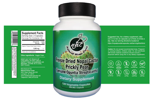 Natural Home Cures Nopal capsules bottle back with non-GMO assurance.