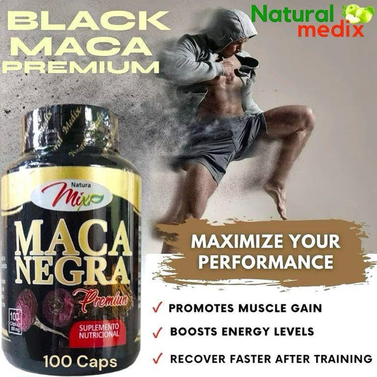 Close-up of Natural Medix Maca Negra capsules highlighting high potency and easy daily use