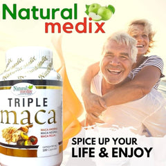 Natural Medix Premium Triple Maca bottle with sun-dried maca roots for a daily ritual.
