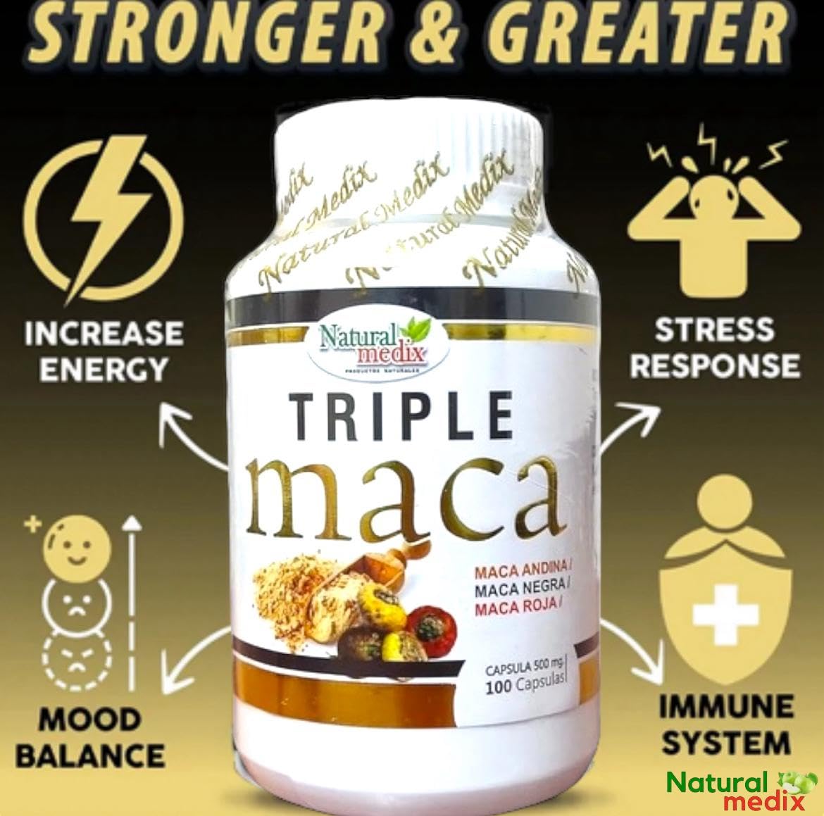 Natural Medix Premium Triple Maca capsules close-up showing clean, plant-based power.