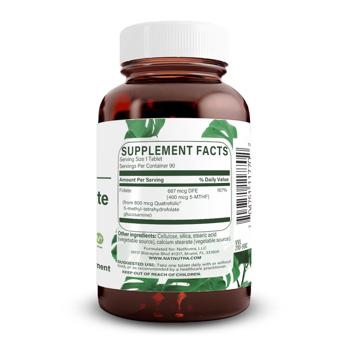 Natural Nutra Active Methyl Folate bottle side reveals dosage and vegan formula benefit