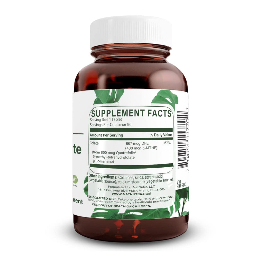 Natural Nutra Active Methyl Folate bottle side reveals dosage and vegan formula benefit
