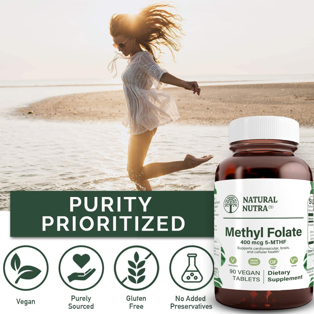 Natural Nutra Active Methyl Folate glass bottle with eco cap emphasizes sustainability