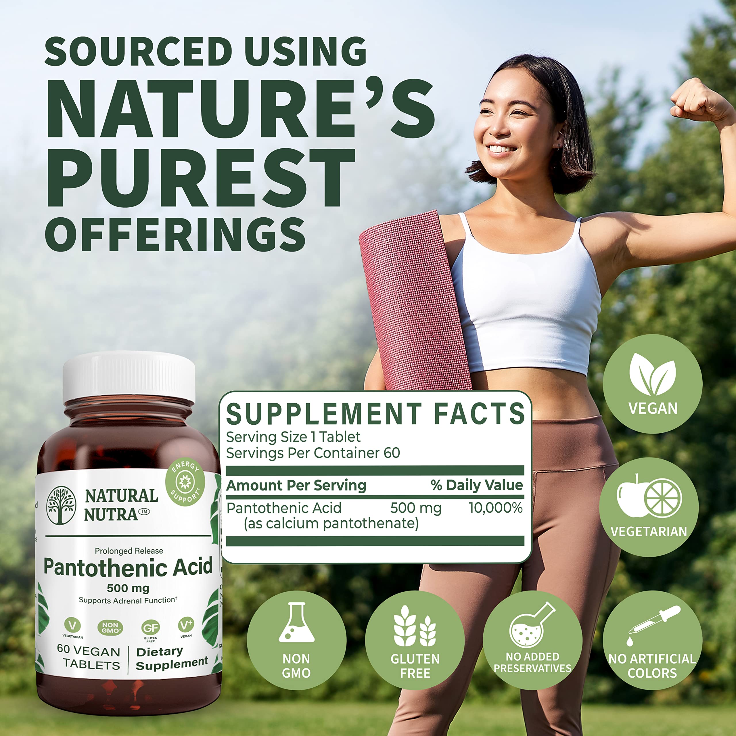 Natural Nutra amber glass bottle highlights BPA-free recyclable packaging