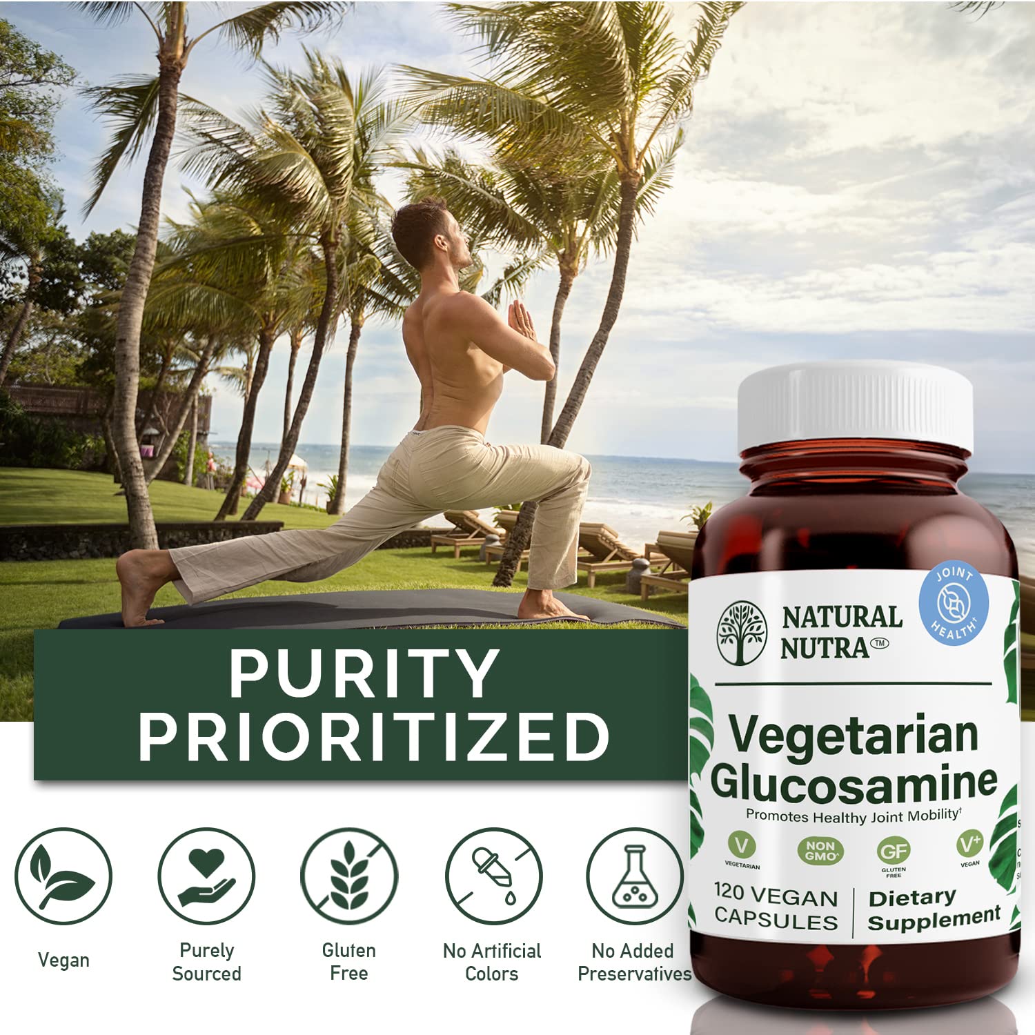 Natural Nutra amber glass bottle conveys purity and eco-friendly packaging for supplements.