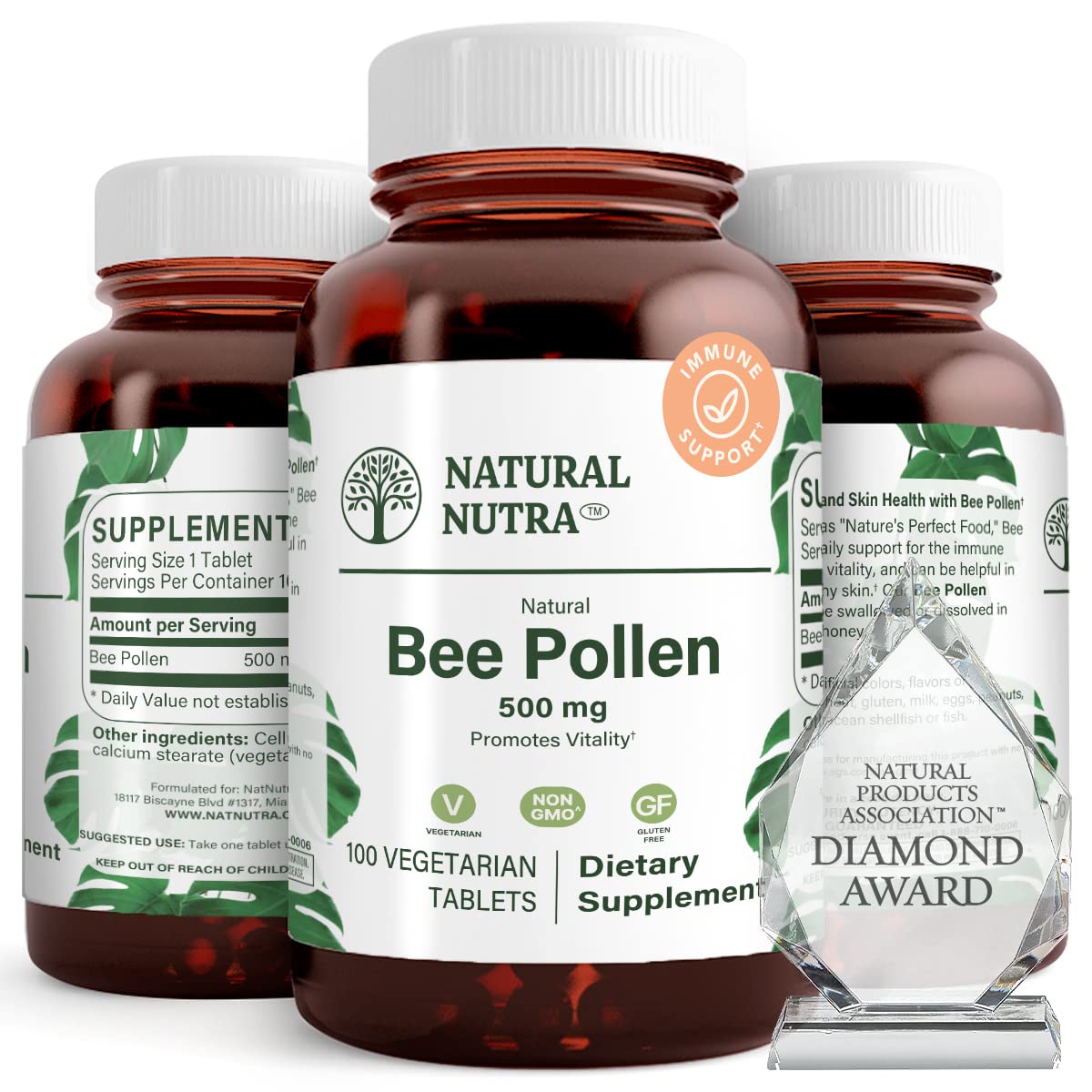 Natural Nutra Bee Pollen 500 mg bottle close-up highlights nutrient-dense tablets for vitality.