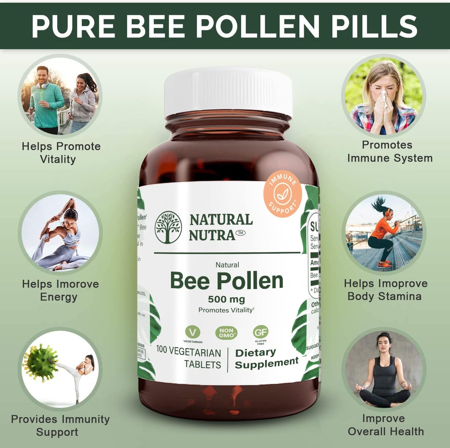 Natural Nutra Bee Pollen tablets with flavonoids and quercetin for antioxidant support.