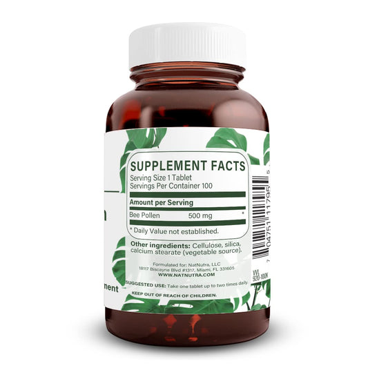 Natural Nutra Bee Pollen tablets close-up showing easy daily energy support.