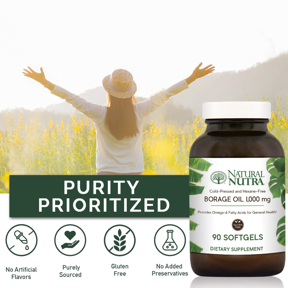 Natural Nutra Borage Oil amber glass packaging protecting purity and sustainability.