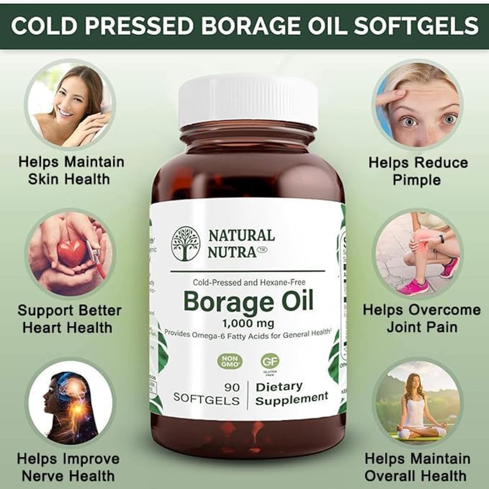 Natural Nutra Borage Oil label closeup highlighting non-GMO purity.