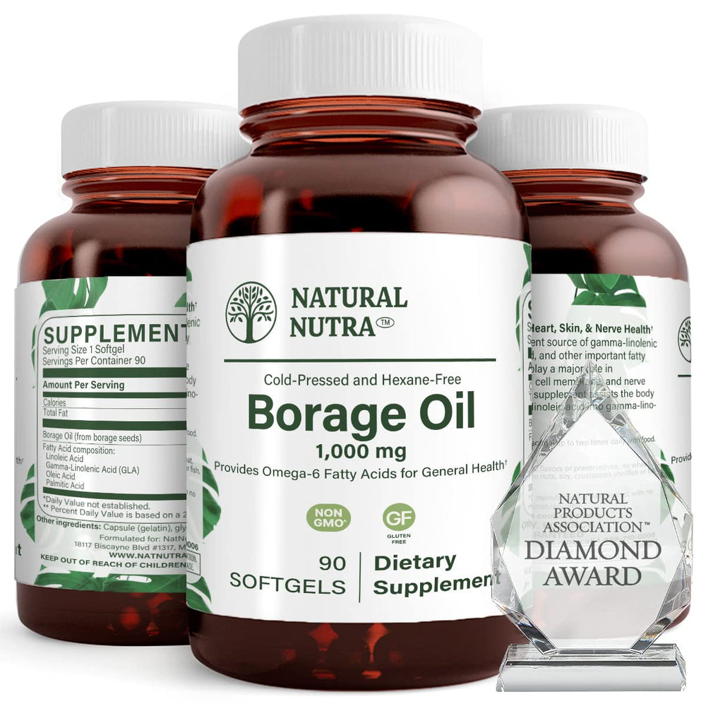 Natural Nutra Borage Oil softgels bottle highlights skin support and daily wellness.