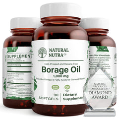 Natural Nutra Borage Oil softgels bottle highlights skin support and daily wellness.
