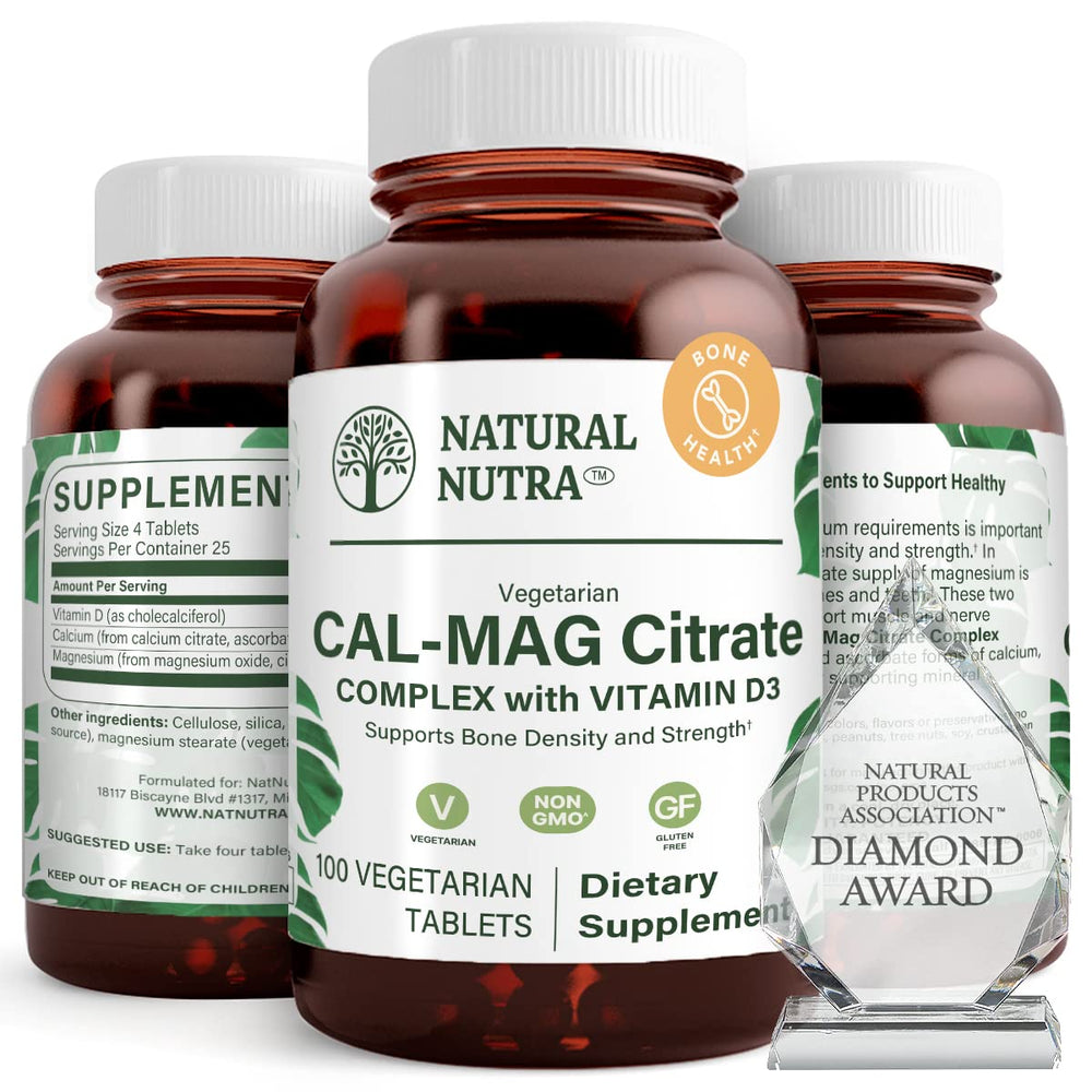 Natural Nutra Cal-Mag Citrate D3 bottle with label showing bone support.