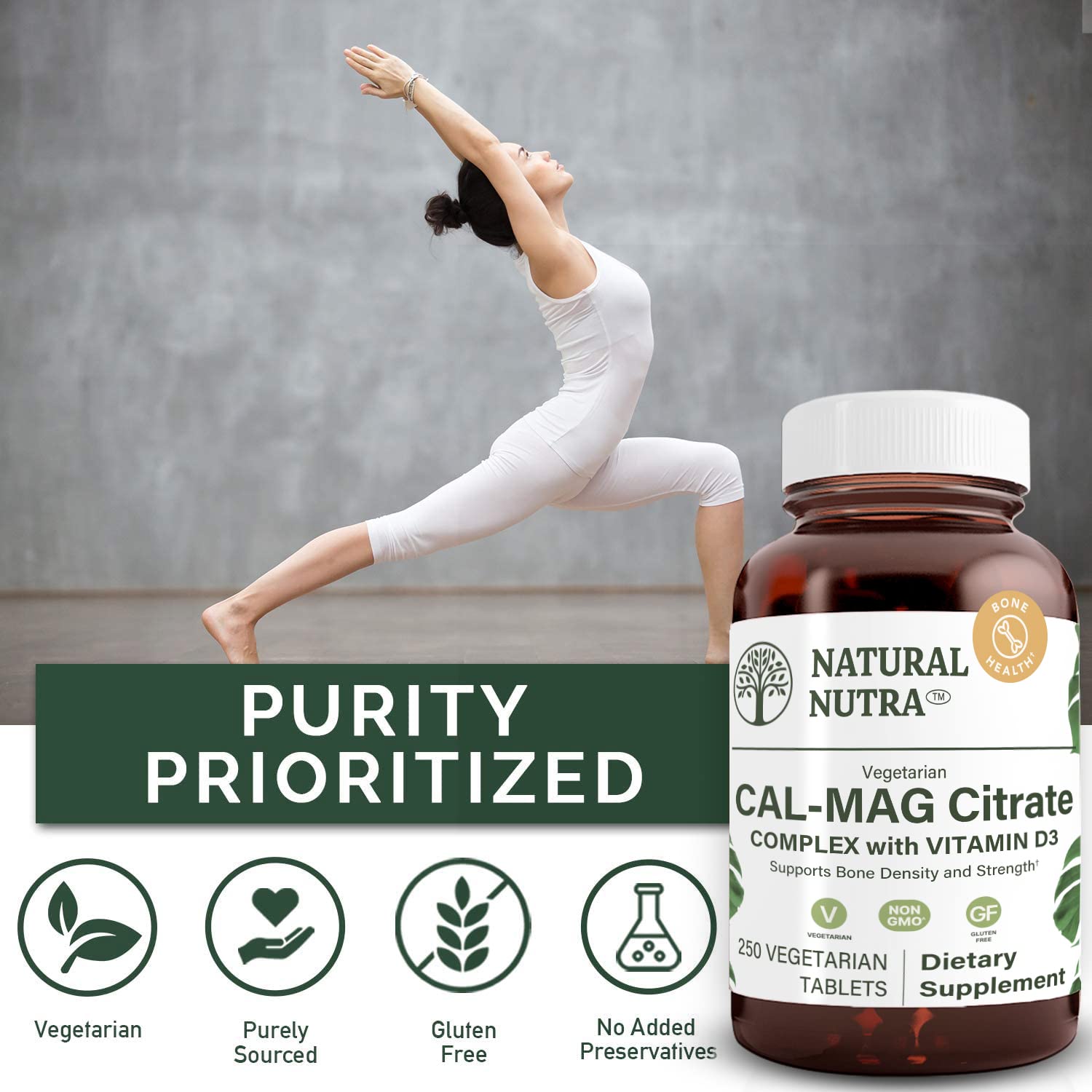 Natural Nutra Cal-Mag Citrate label close-up showing ingredients and vegan formulation.