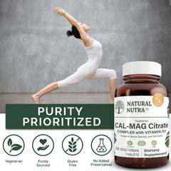 Natural Nutra Cal-Mag Citrate label close-up showing ingredients and vegan formulation.
